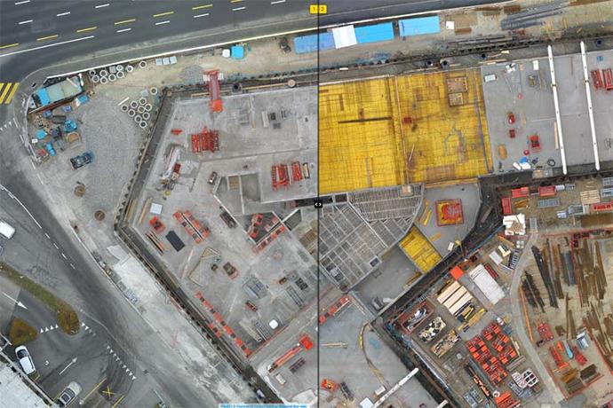 Aerial drone image over a construction site showing progress
