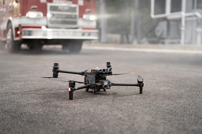 DJi M30T drone drone shown at active emergency scene.